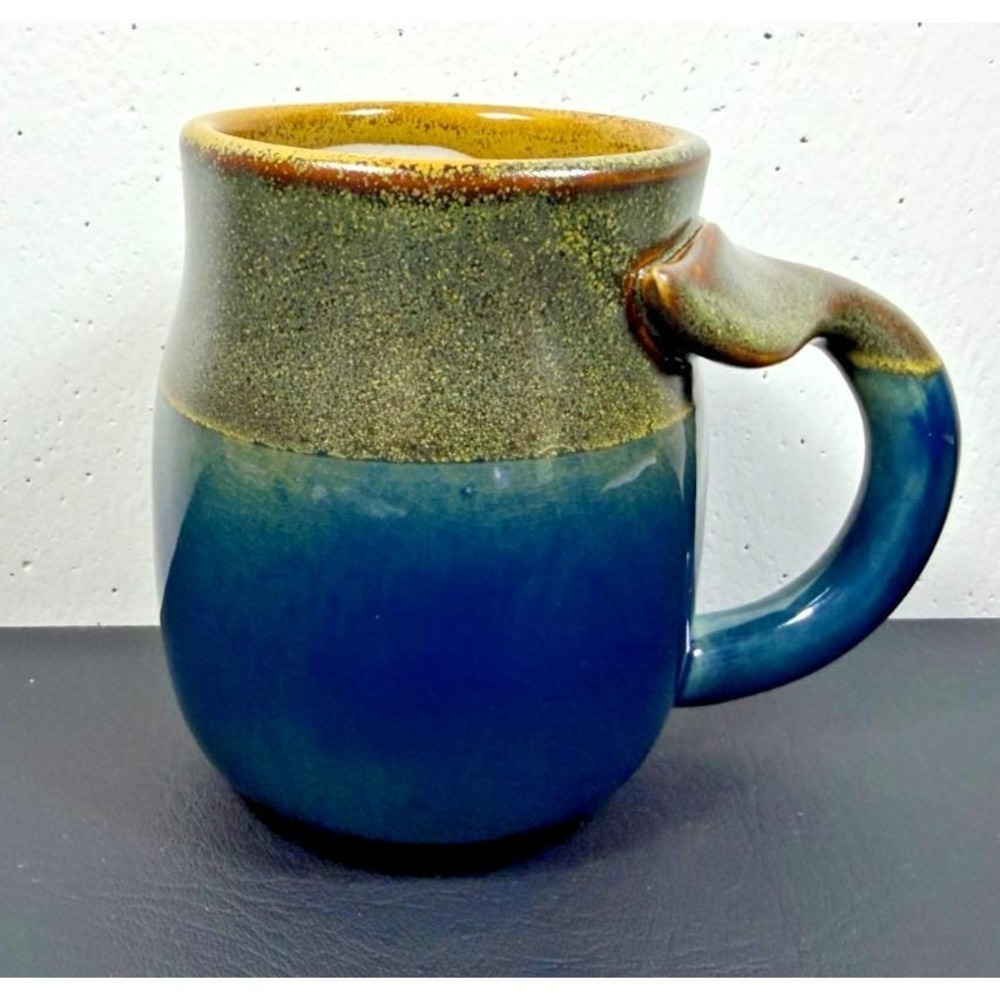 Whale Tail Coffee Tea Mug Cup Blue Brown Drip Glazed Ceramic Pottery D-Handle